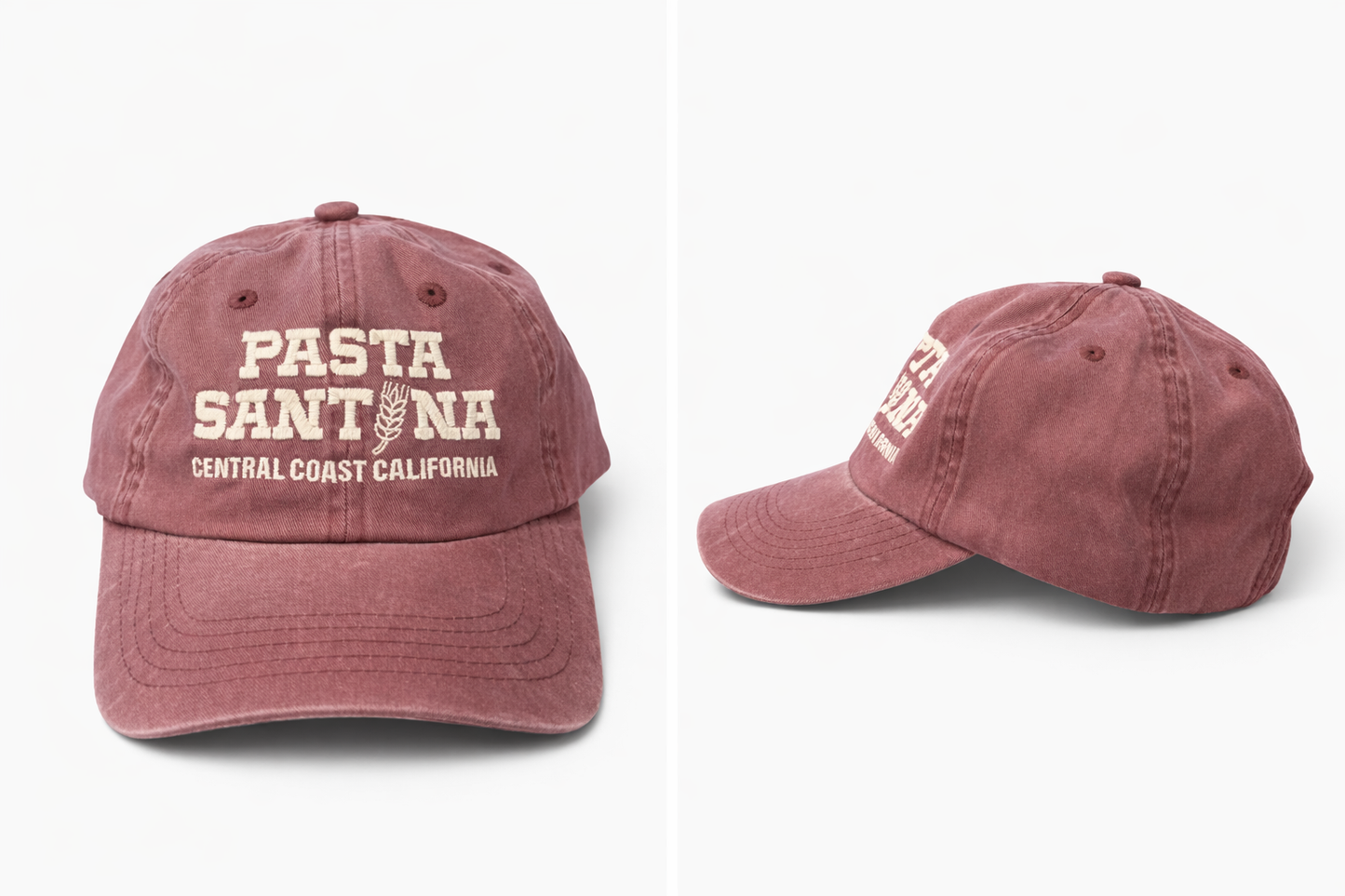 Marron Colored baseball cap with a brown strap on a white background, Picture from front and side