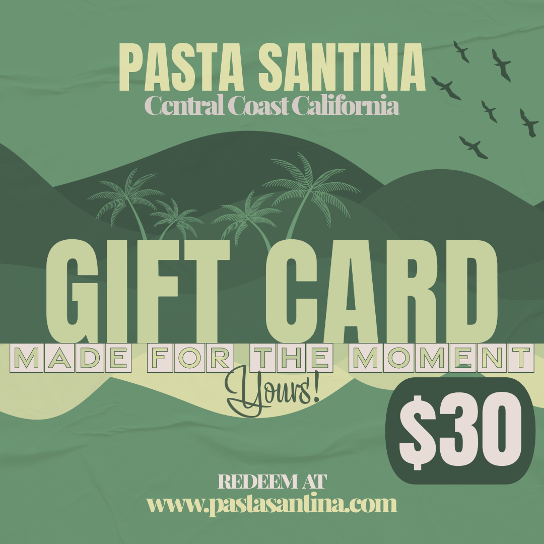 Gift card for Pasta Santina with a scenic background and promotional text. worth of $30.