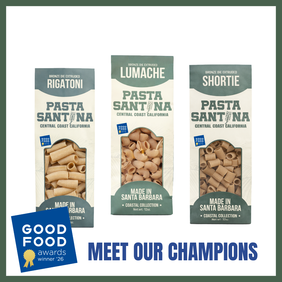 Picture of three pasta packages that won the good food award 2026. Lumache, Shortie, Rigatoni!