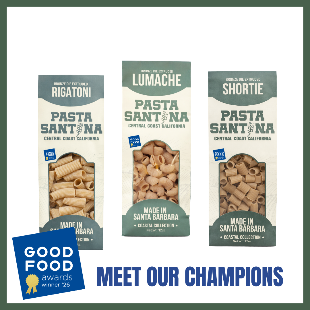 Picture of three pasta packages that won the good food award 2026. Lumache, Shortie, Rigatoni!
