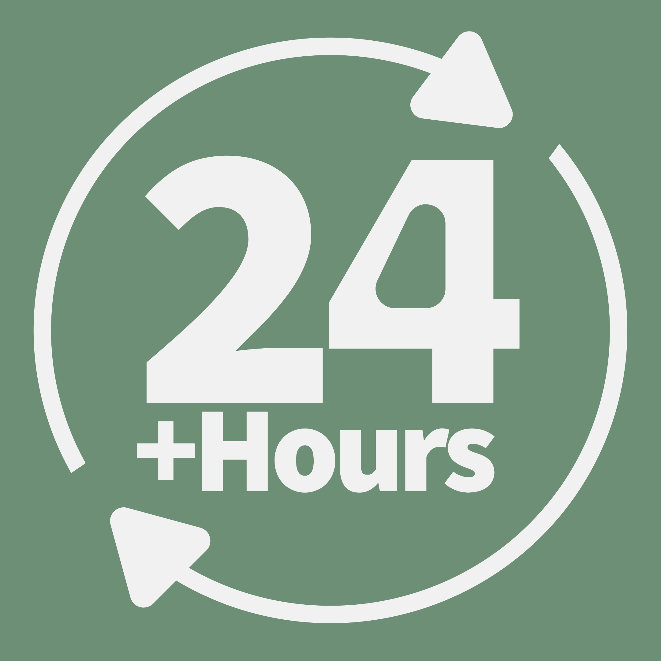 White '24 Hours' text on a green background with circular arrows.