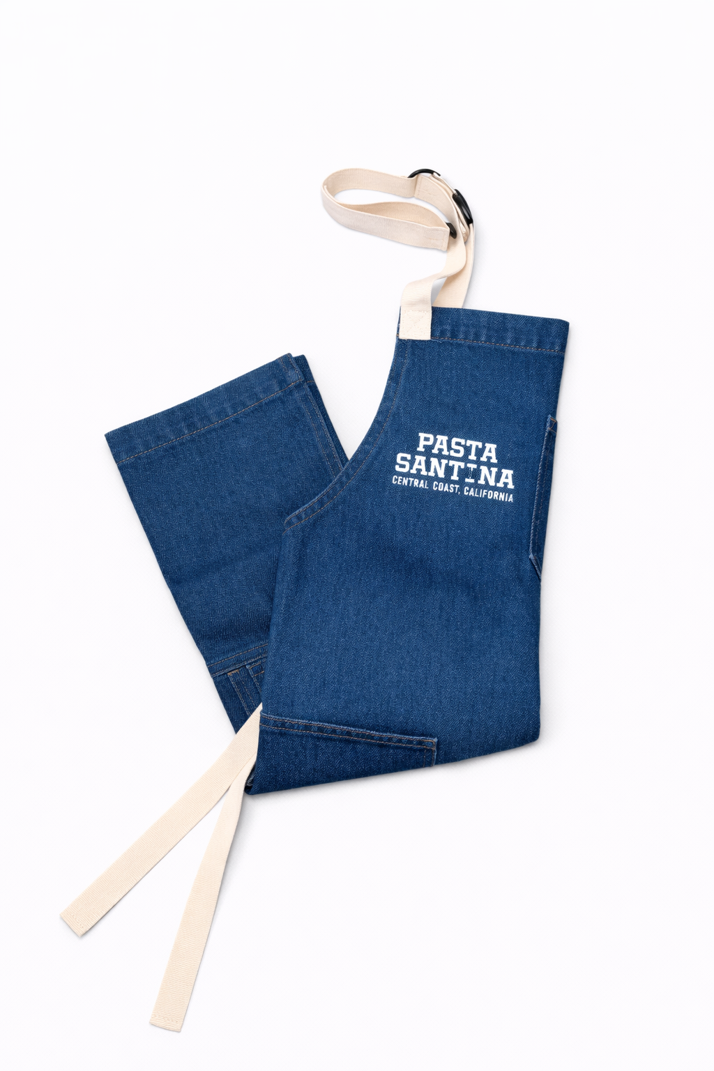 Blue apron with white straps on a white background, Folded