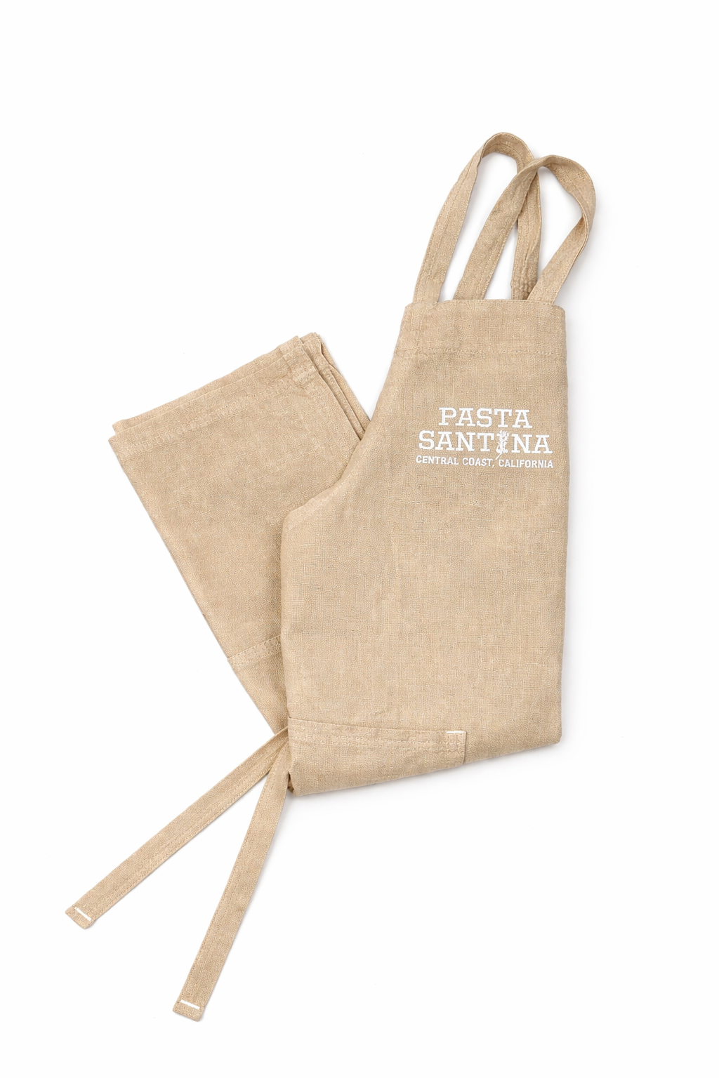 Sand crossback apron, folded, with a logo on a white background