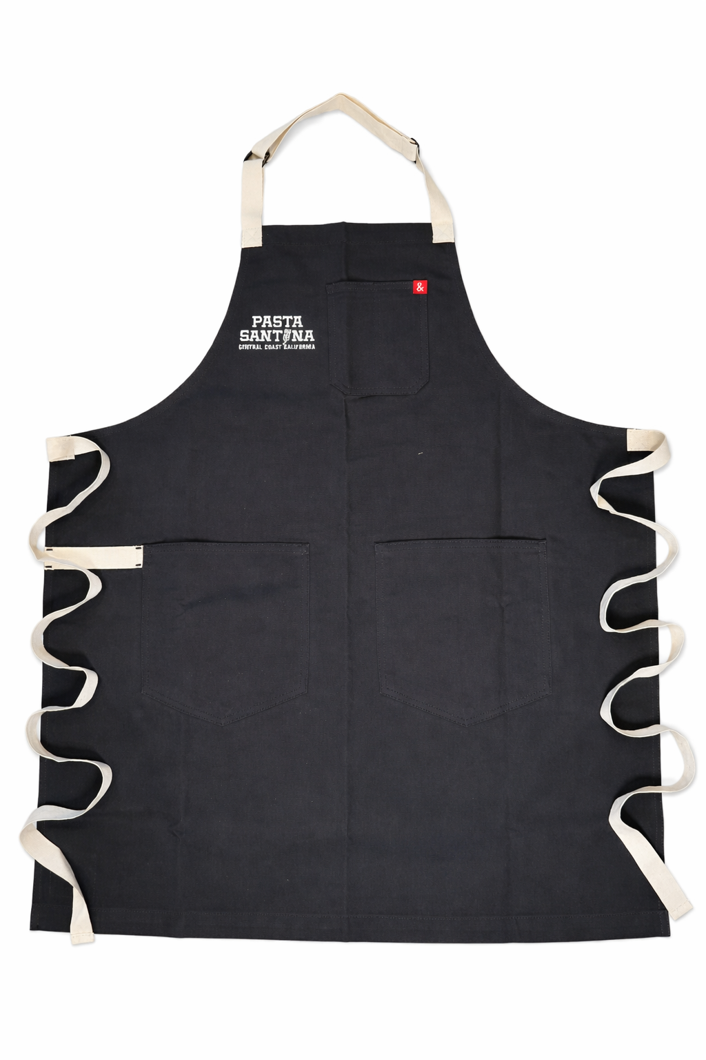 Charcoal colored apron with white straps on a white background
