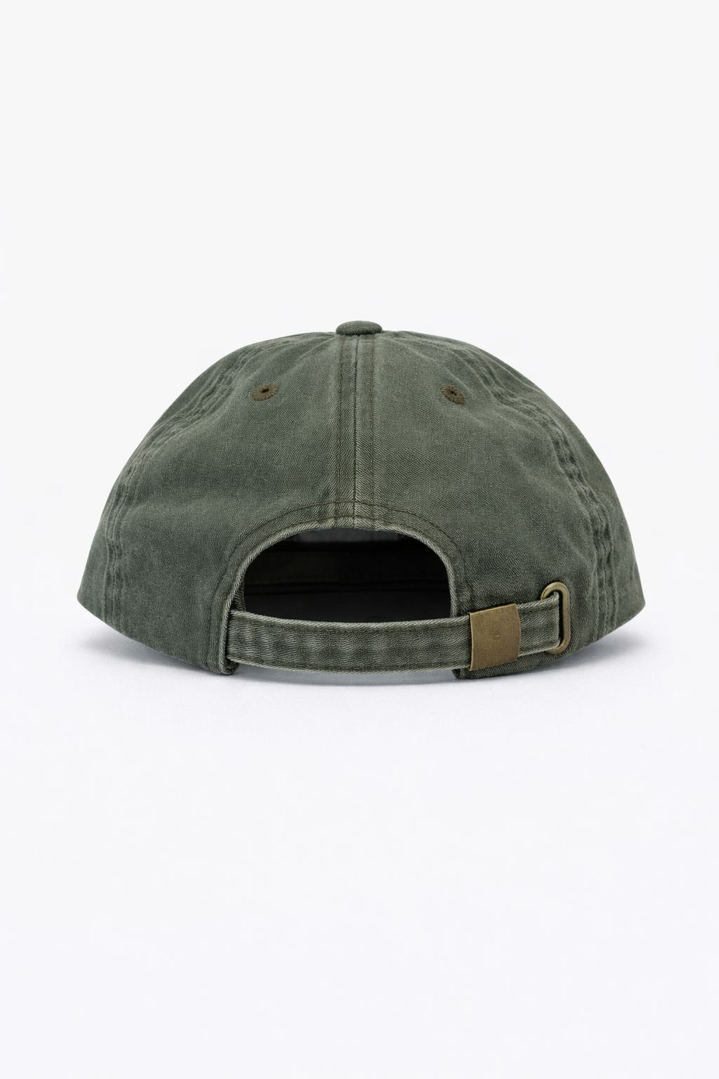 Green Colored baseball cap with a brown strap on a white background, Picture of the back