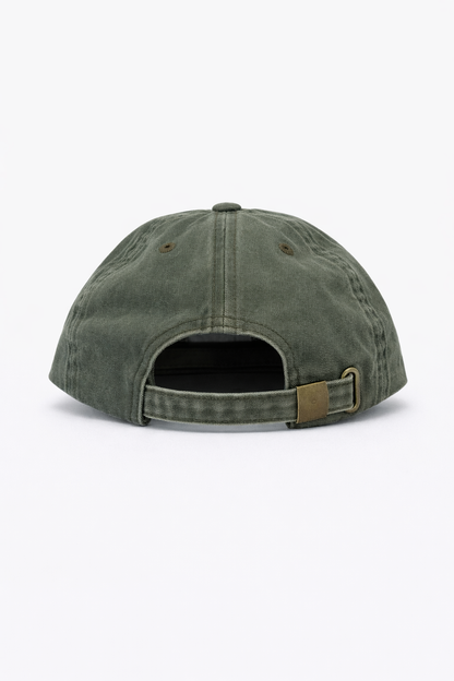 Green Colored baseball cap with a brown strap on a white background, Picture of the back
