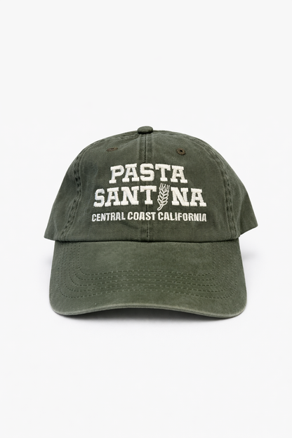 Green colored baseball cap with a brown strap on a white background, Picture of the front