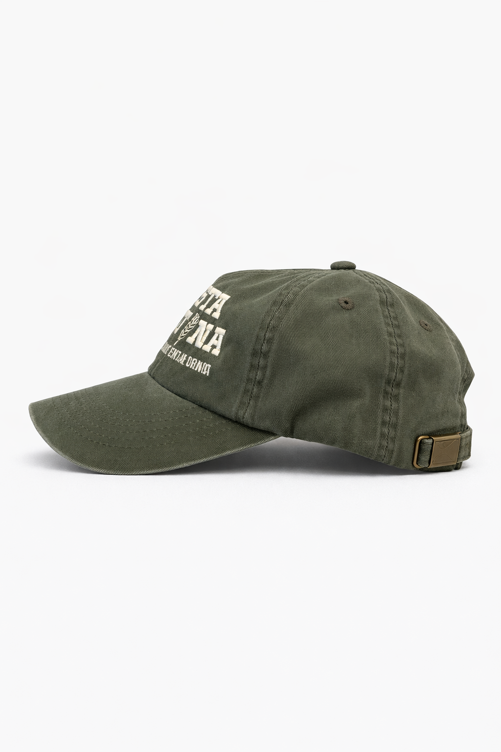 Green Colored baseball cap with a brown strap on a white background, Picture of the side