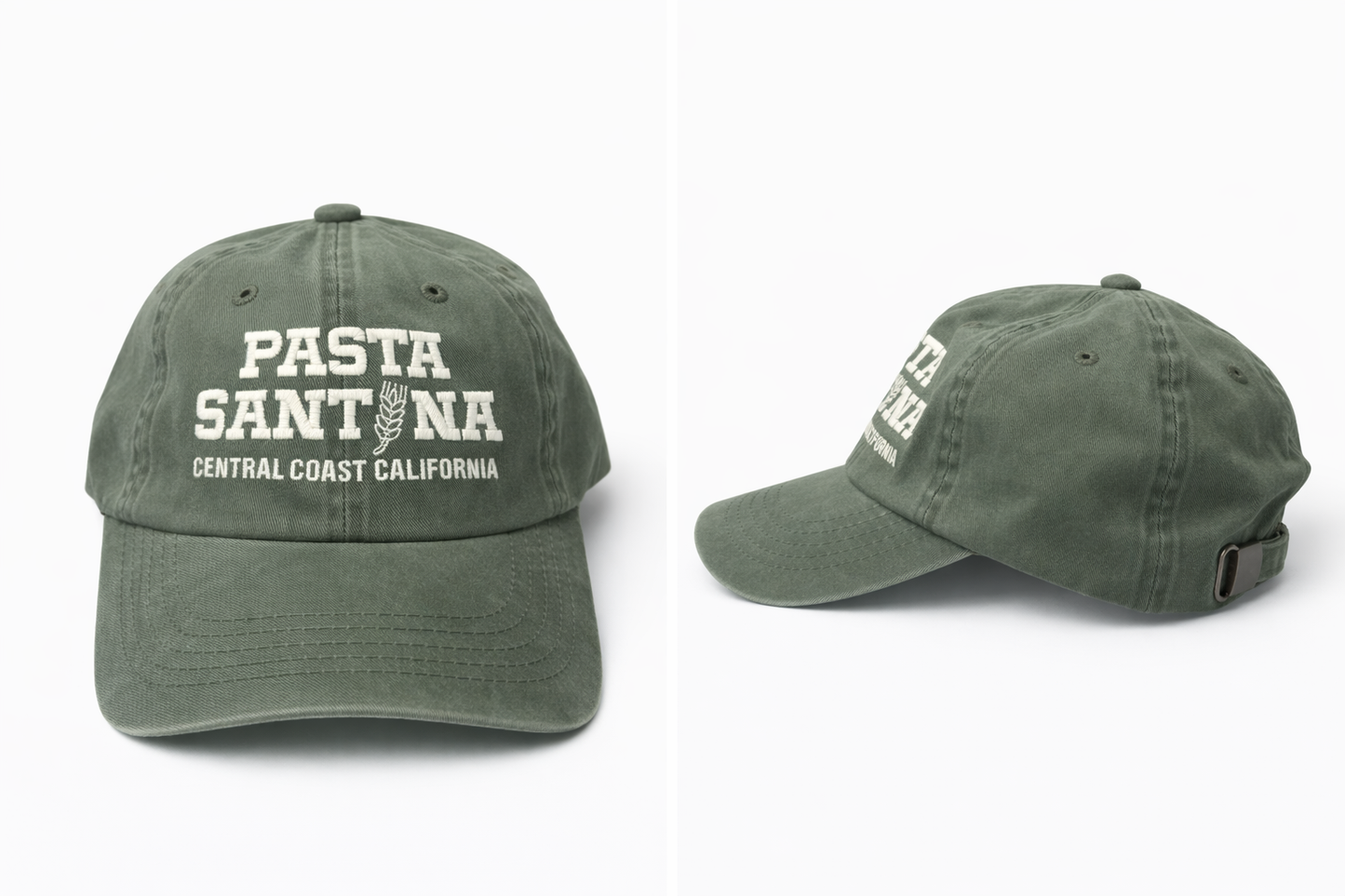 Green Colored baseball cap with a brown strap on a white background, Picture from front and side 