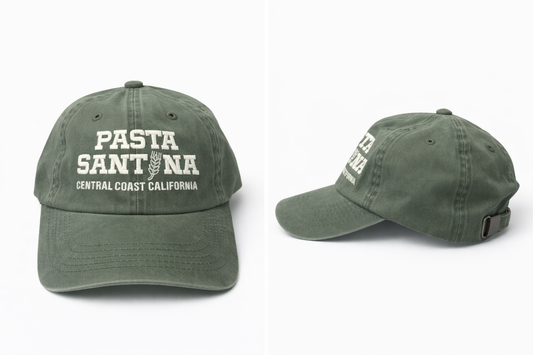 Green Colored baseball cap with a brown strap on a white background, Picture from front and side 