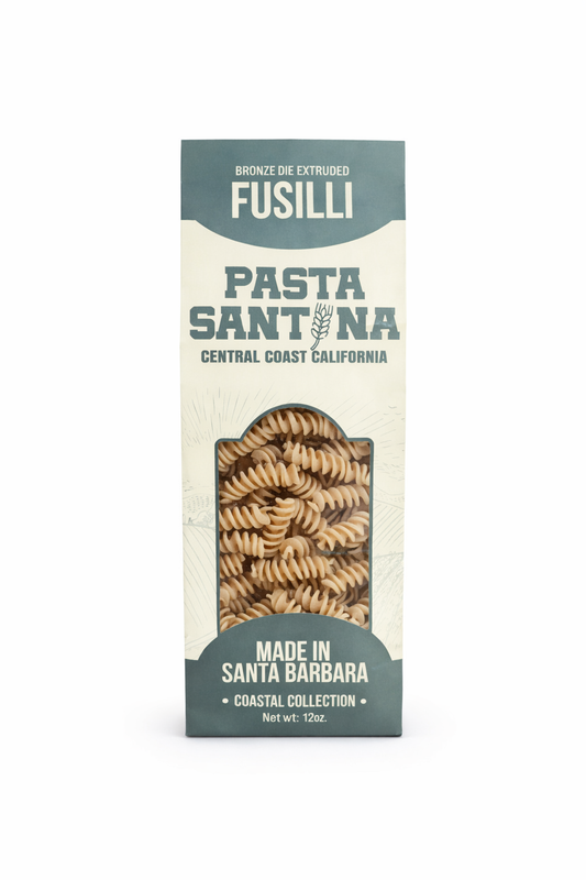 Pasta Santina, 12oz Fusilli pasta packaging on a white background