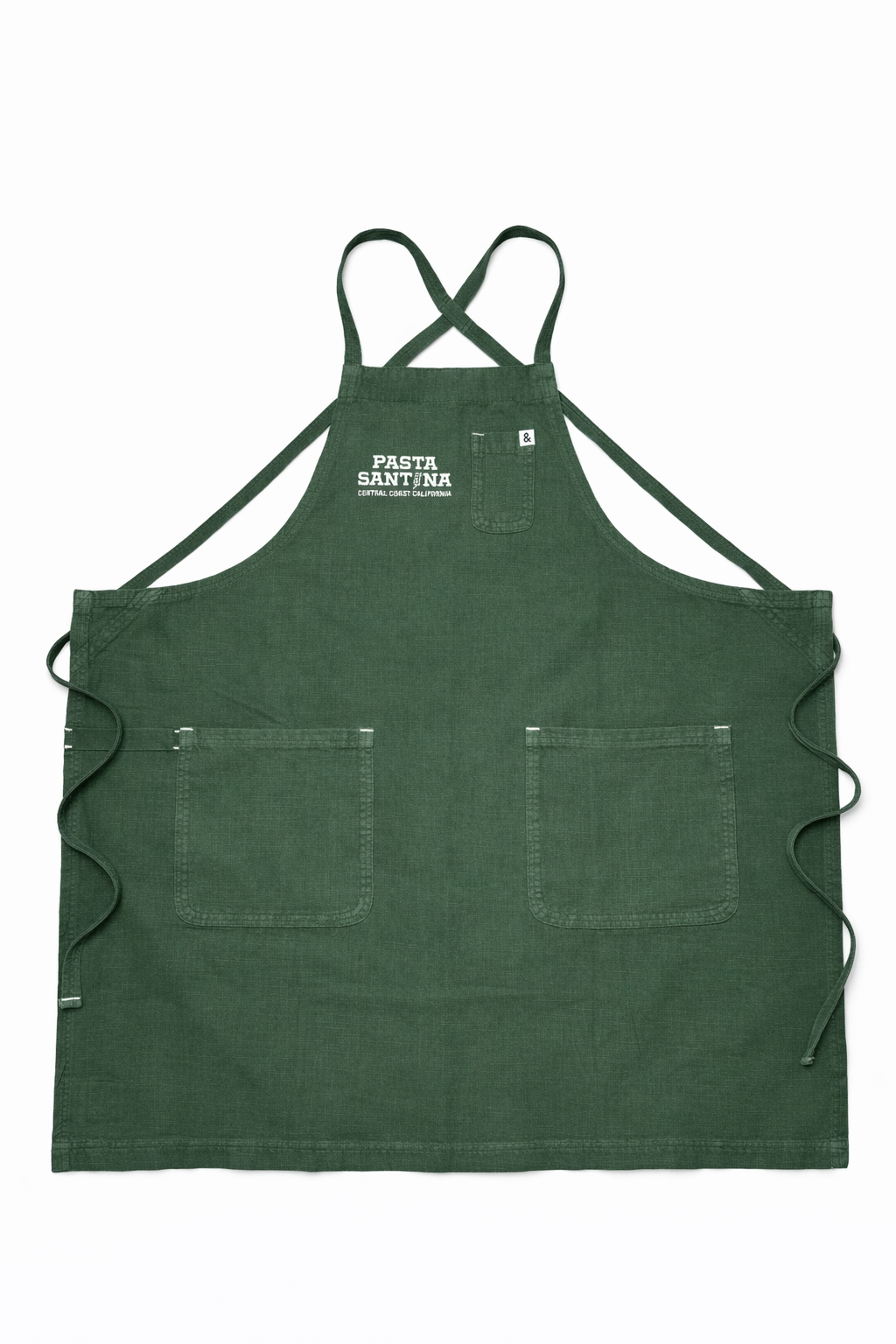Green crossback apron with a logo on a white background