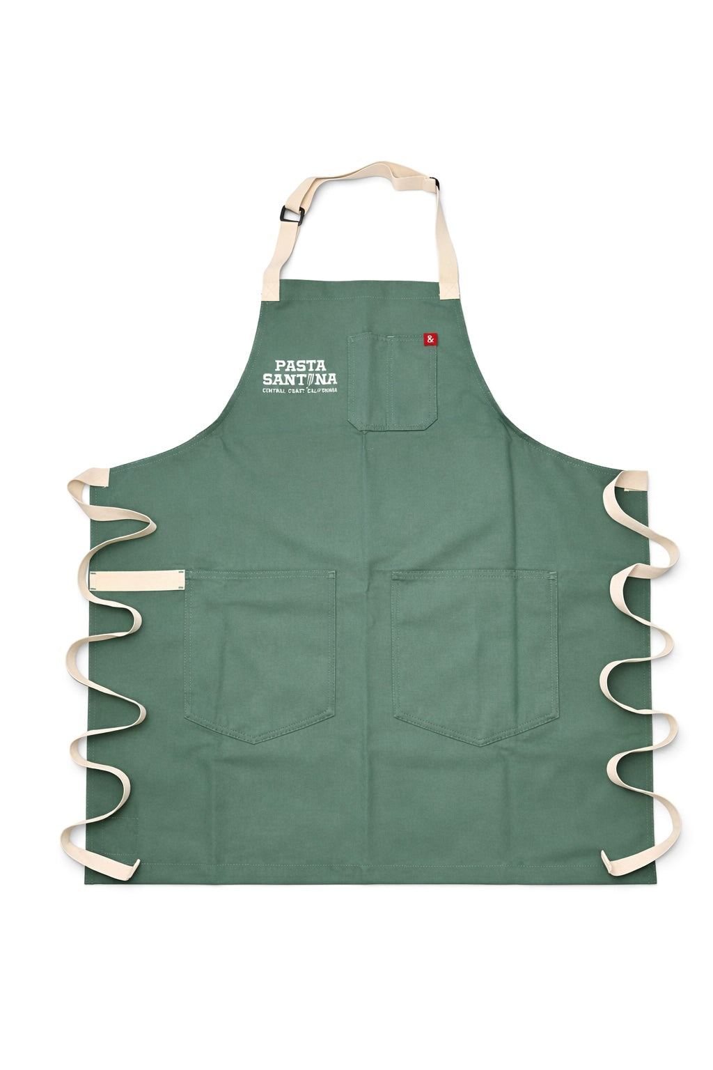 Julep Green apron with white straps on a white background