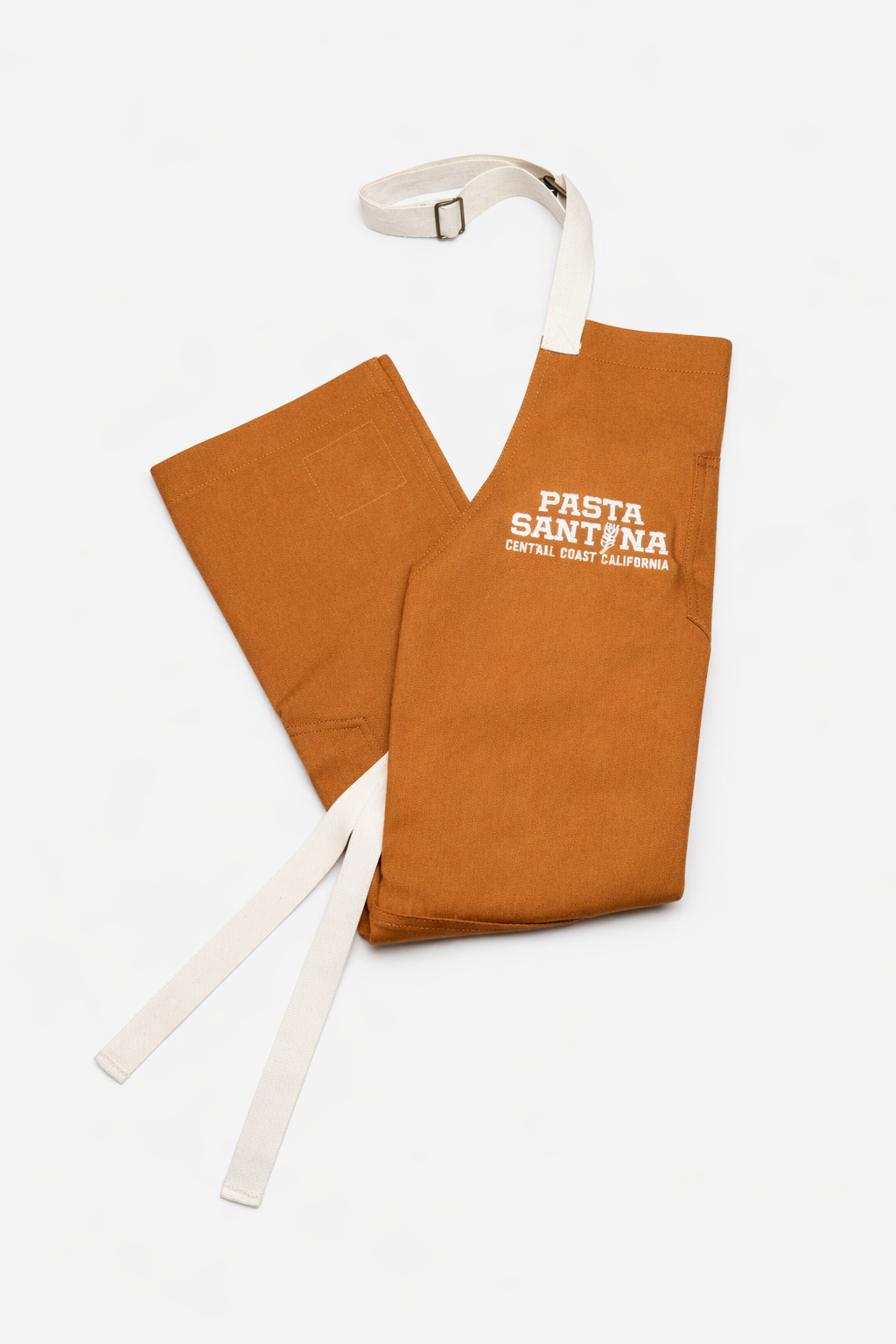 Khaki apron with white straps on a white background, Folded