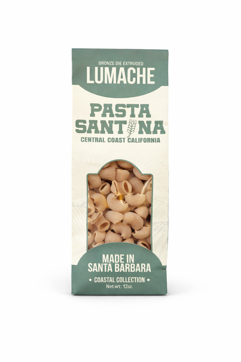 Pasta Santina, 12oz Lumache pasta packaging on a white background