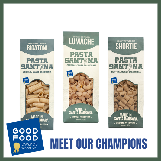 Picture of three pasta packages that won the good food award 2026. Lumache, Shortie, Rigatoni!