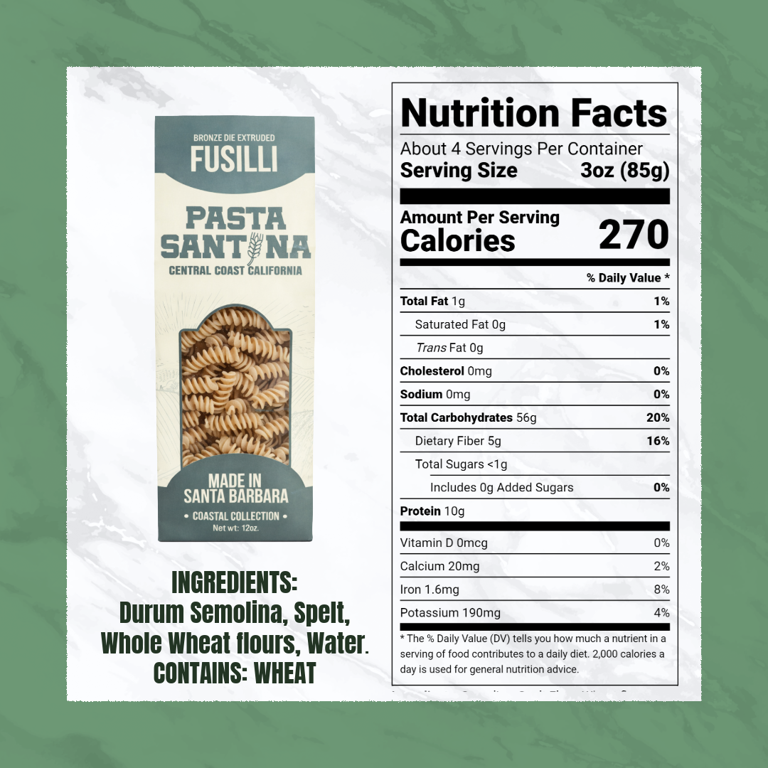 Nutrition Facts with image of Fusilli Pasta.