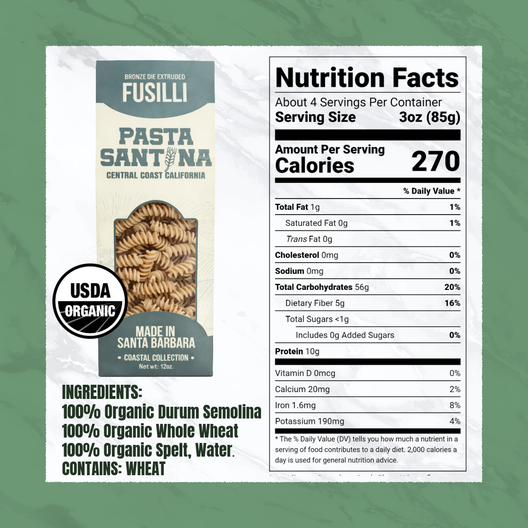 Nutrition Facts with image of Fusilli Pasta.