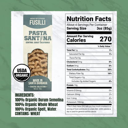 Nutrition Facts with image of Fusilli Pasta.