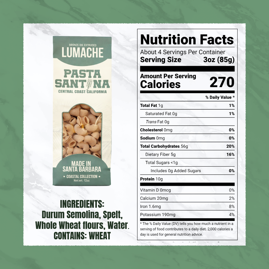 Nutrition Facts with image of Lumache Pasta.