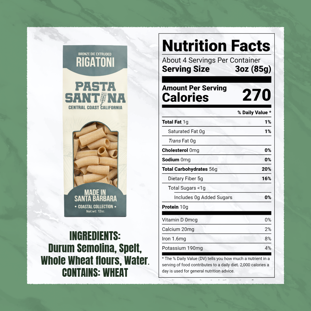 Nutrition Facts with image of Rigatoni Pasta.
