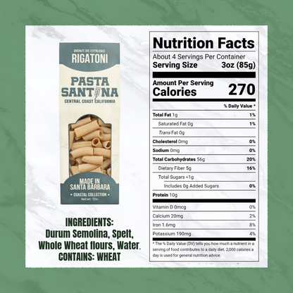 Nutrition Facts with image of Rigatoni Pasta.