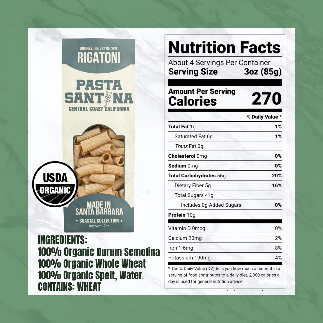 Nutrition Facts with image of Rigatoni Pasta.