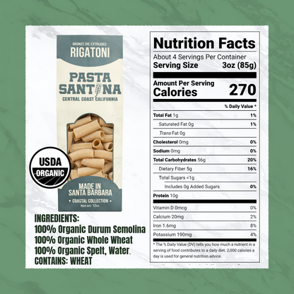 Nutrition Facts with image of Rigatoni Pasta.