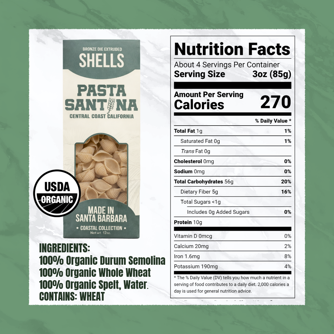Nutrition Facts with image of Shells Pasta.