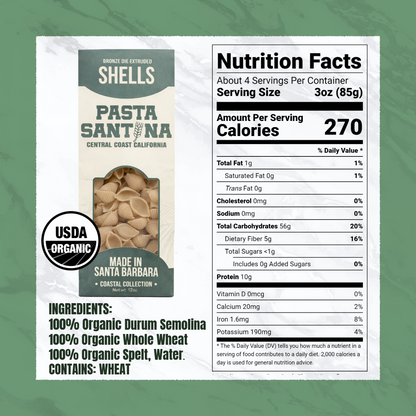 Nutrition Facts with image of Shells Pasta.