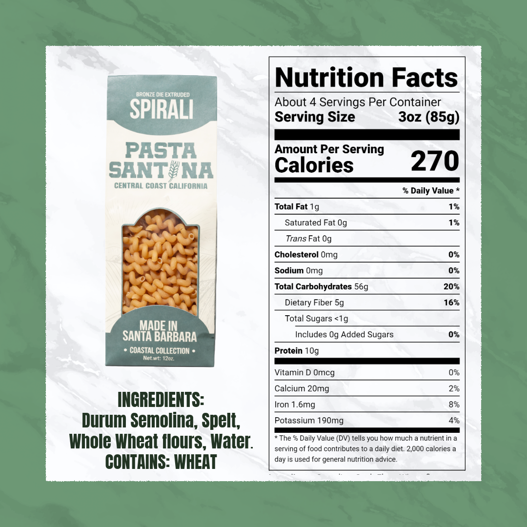 Nutrition Facts with image of Spirali Pasta.