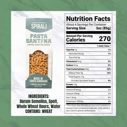 Nutrition Facts with image of Spirali Pasta.