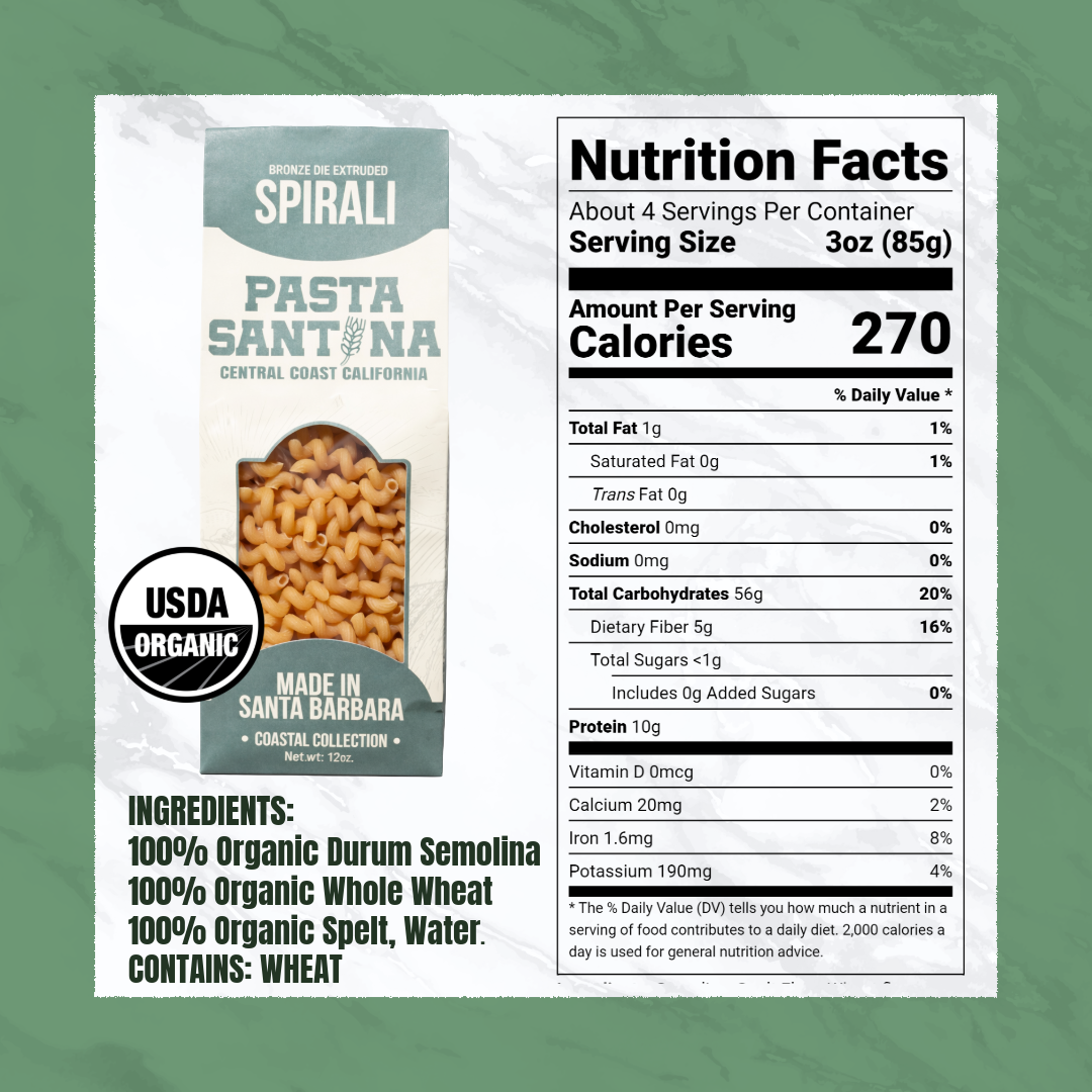 Nutrition Facts with image of Spirali Pasta.