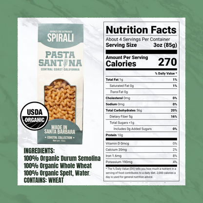 Nutrition Facts with image of Spirali Pasta.