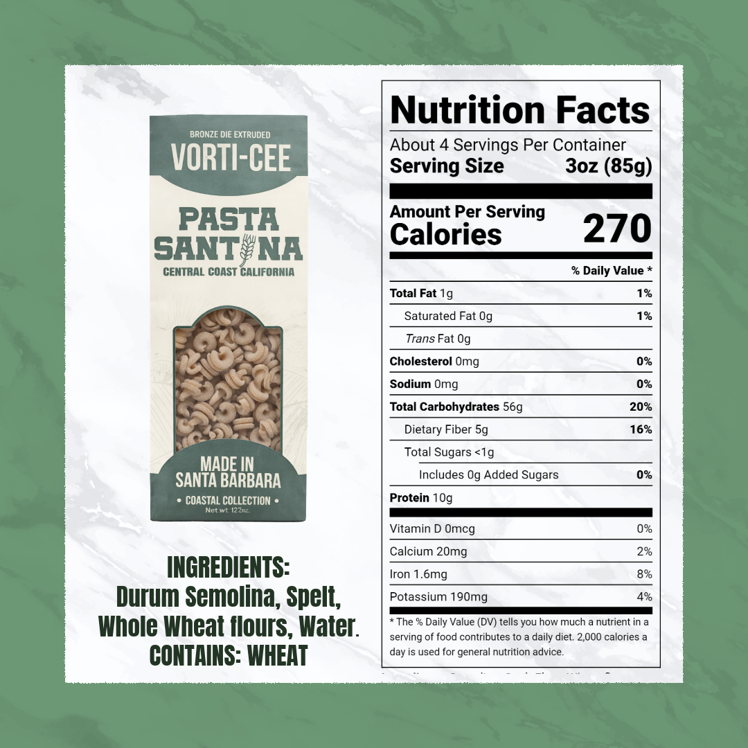 Nutrition Facts with image of Vorti-Cee Pasta.