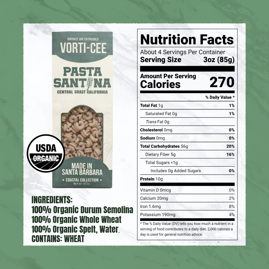 Nutrition Facts with image of Vorti-cee Pasta.