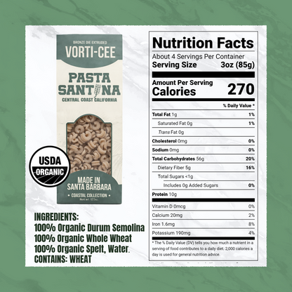 Nutrition Facts with image of Vorti-cee Pasta.