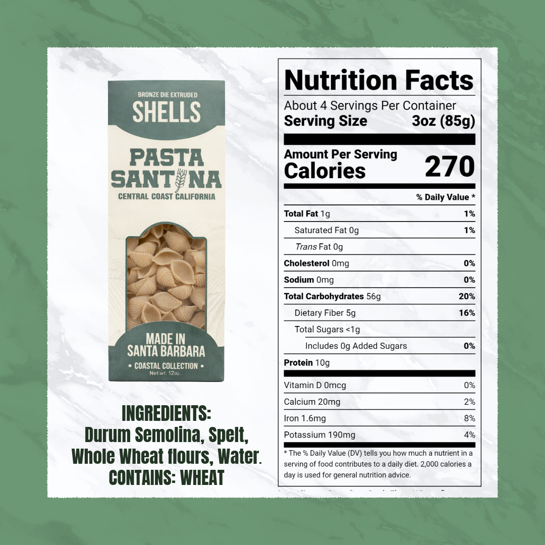 Nutrition Facts with image of Shells Pasta.