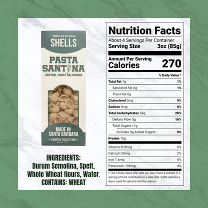 Nutrition Facts with image of Shells Pasta.