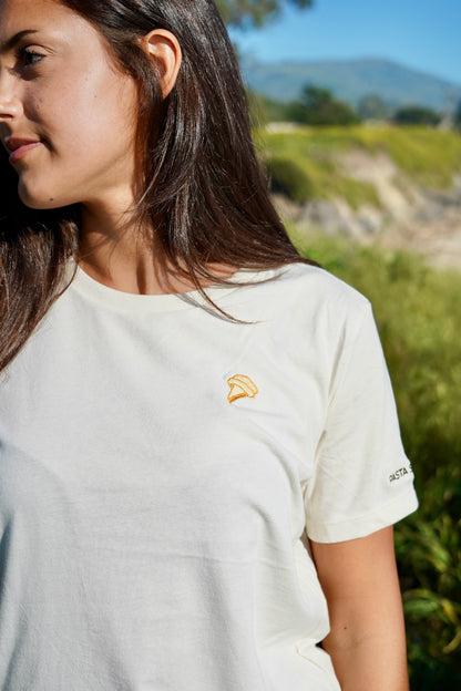 Pasta Santina model wearing vorticee T-shirt close up