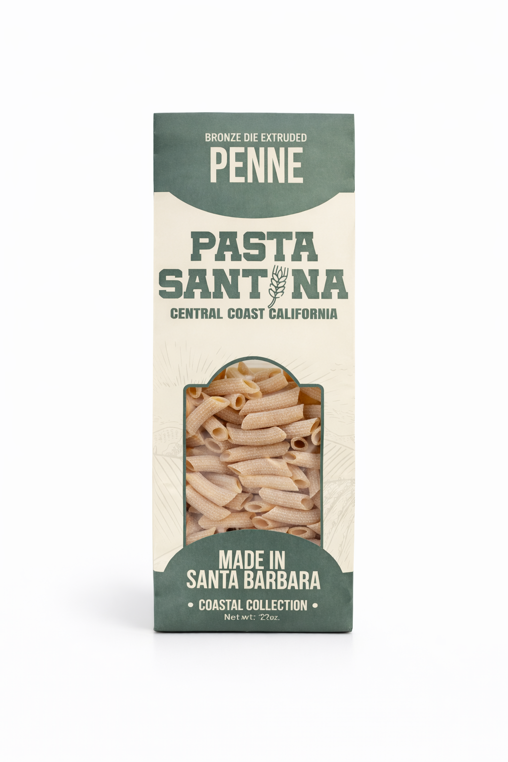 Pasta Santina, 12oz Penne pasta packaging on a white background