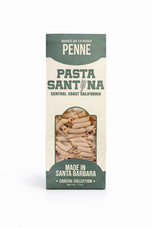 Pasta Santina, 12oz Penne pasta packaging on a white background