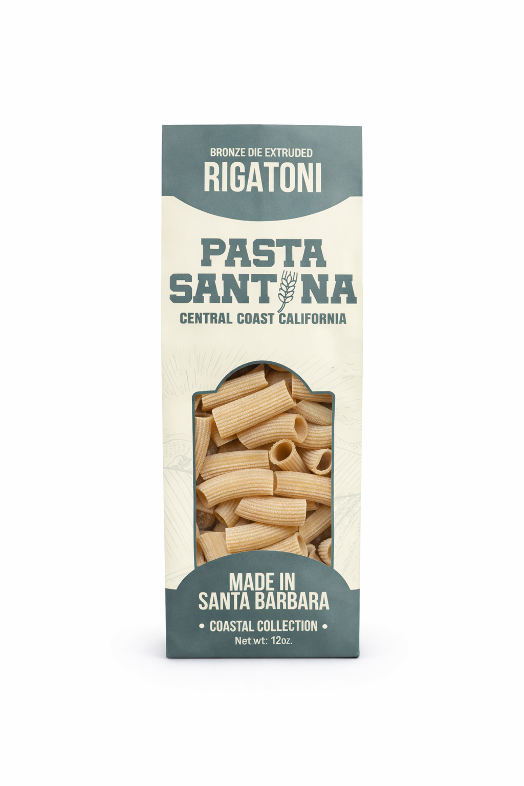 Pasta Santina, 12oz Rigatoni pasta packaging on a white background