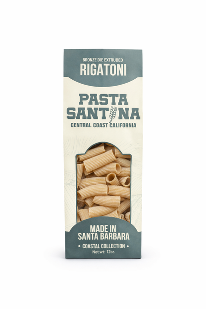 Pasta Santina, 12oz Rigatoni pasta packaging on a white background