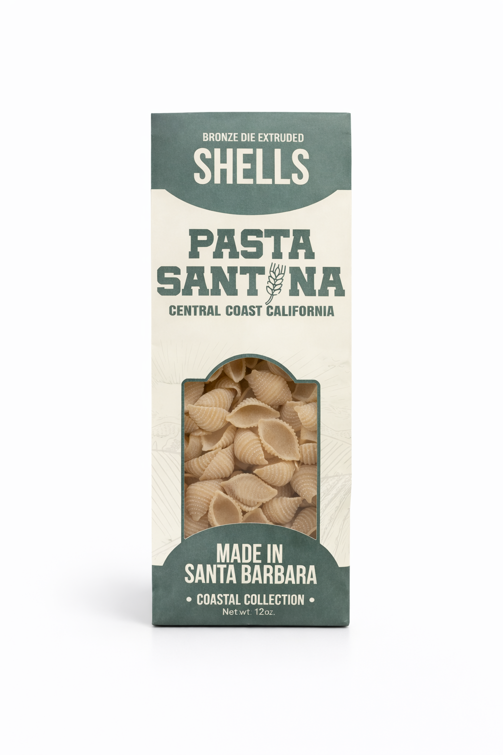 Pasta Santina, 12oz Shells pasta packaging on a white background