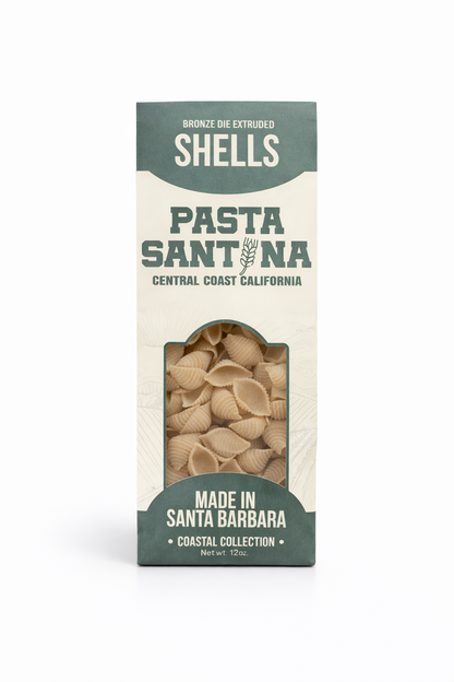 Pasta Santina, 12oz Shells pasta packaging on a white background