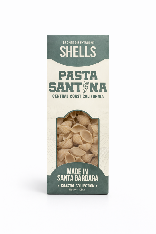 Pasta Santina, 12oz Shells pasta packaging on a white background