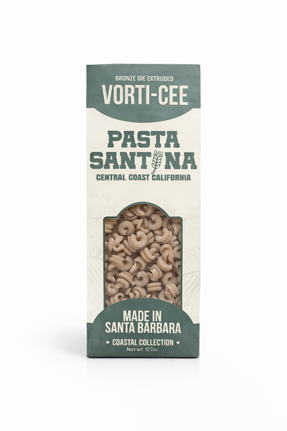 Pasta Santina, 12oz Vorti-cee pasta packaging on a white background
